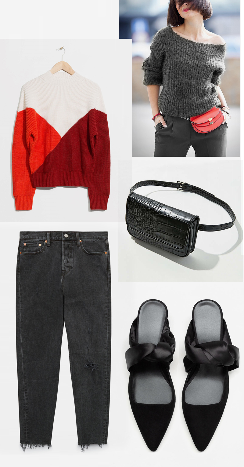 fall trends under $100 colorblock sweater levi's mules belt bag