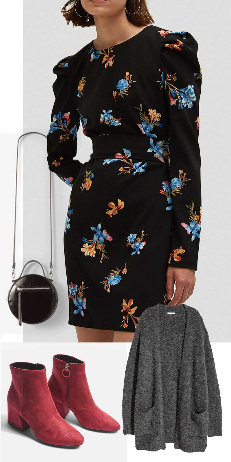 fall trends under $100 floral dress circle bag red suede booties