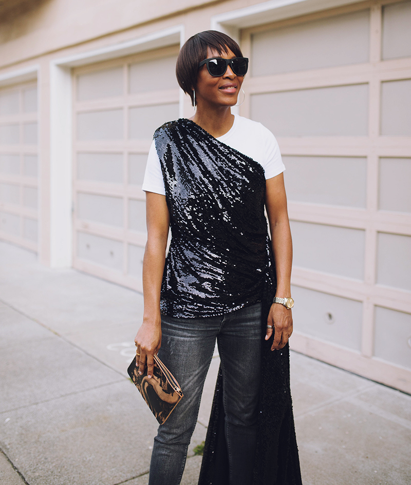 sequin one shoulder top white t-shirt