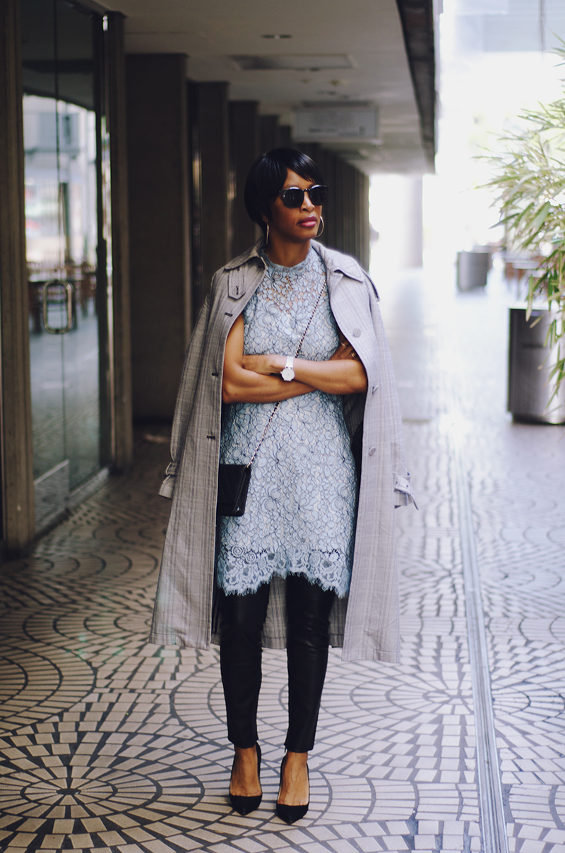 black and white plaid trench lace dress