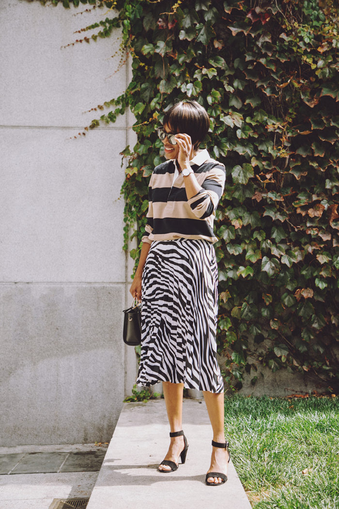 jadore couture striped rugby zebra print pleated skirt