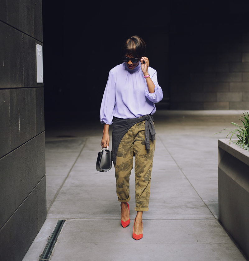 lilac prologue for target top olive camo pants red suede pumps