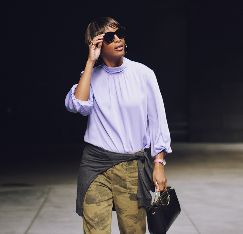 lilac prologue for target mock neck top camo pants | j'adore couture