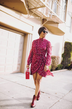 office of angela scott red boots red floral dress | j'adore couture