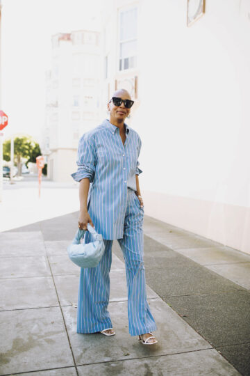 jadore couture blue striped pants set