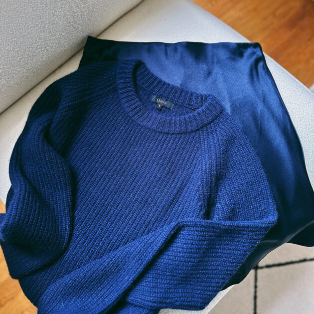 quince cashmere sweater silk skirt